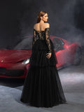 Gorgeous Off Shoulder Lace Bodice Layered Tulle Hem Wedding Dress
