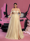 Plus Gorgeous Off Shoulder Beaded Sequin Bodice Split Thigh Tulle Formal Dress