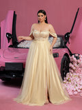 Plus Gorgeous Off Shoulder Beaded Sequin Bodice Split Thigh Tulle Formal Dress