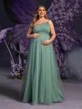 Plus Maternity Solid One Shoulder Sleeveless Mesh Party Dress