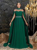 Dramatic Cape Evening Dress | High Neck Chiffon with Rhinestone Details