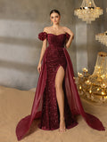 Off Shoulder Split Thigh Sequin Mermaid Formal Dress