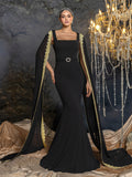 Elegant Mermaid Evening Gown with Square Neckline, Transparent Cape & Belted Waist, Golden Embroidered Edges