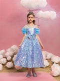 Tween-Mädchenkleid in A-Linie mit Schleife vorne und Pailletten