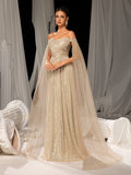 Elegant Off-Shoulder Sequined Gown with Flowing Cape – Luxury Evening Wear for Weddings or Red Carpet Events, XS-XL