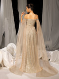 Elegant Off-Shoulder Sequined Gown with Flowing Cape – Luxury Evening Wear for Weddings or Red Carpet Events, XS-XL