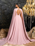 Gorgeous Open Back Formal Gown | Embroidered Bodice with Dramatic Cape Sleeves