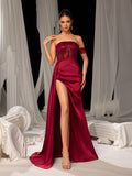 Elegant Satin Red Carpet Gown with High Slit & Strapless Design – Luxurious Evening Wear for Formal Galas & Luxury Events