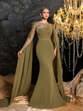 Gorgeous Chiffon Mermaid Evening Dress | Rhinestone Embroidered Bodice with Flowing Cape