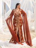 Plus Gorgeous Sequin Embroidery Evening Gown - V-Neck Mermaid Dress with Cape Sleeves & High Slit