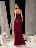 Elegant Sequined Evening Gown with Halter Neckline & Side High Slit – Luxurious Red Carpet Wear for Galas, Parties & Formal Events