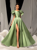 Elegant Satin Evening Gown with Bow Shoulder & Dramatic High Slit – Luxurious Evening Wear for Red Carpet, Formal Galas & Wedding Receptions