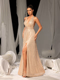 Elegant Sequin Halter Evening Gown with High Slit – Luxury Evening Wear for Red Carpet, Gala Dinners & Cocktail Parties