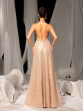 Elegant Sequin Halter Evening Gown with High Slit – Luxury Evening Wear for Red Carpet, Gala Dinners & Cocktail Parties