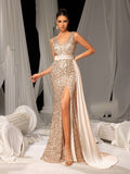 Elegant Sequin Gown with High Slit & Draped Train – Luxury Evening Wear for Red Carpet, Gala Dinners & Luxury Weddings, XS-XL