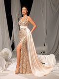 Elegant Sequin Gown with High Slit & Draped Train – Luxury Evening Wear for Red Carpet, Gala Dinners & Luxury Weddings, XS-XL