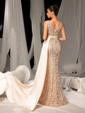 Elegant Sequin Gown with High Slit & Draped Train – Luxury Evening Wear for Red Carpet, Gala Dinners & Luxury Weddings, XS-XL