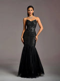 Elegant Strapless Ruched Front Mermaid Hem Sequin Wedding Dress