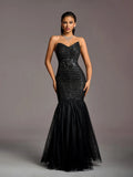 Elegant Strapless Ruched Front Mermaid Hem Sequin Wedding Dress