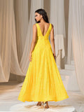 Elegant V Neck Sleeveless Sequin A-line Dresses - Elonnashop