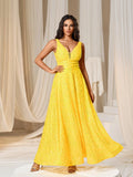 Elegant V Neck Sleeveless Sequin A-line Dresses - Elonnashop