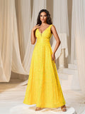 Elegant V Neck Sleeveless Sequin A-line Dresses - Elonnashop
