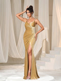 Spaghetti Strap Surplice Neck Split Thigh Velvet Dresses - Elonnashop