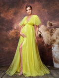 Maternity Plunging Neck Backless Split Thigh Tulle Party Dress