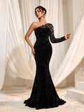 Luxe Sequin Evening Gown with Lace Sleeve & Mermaid Silhouette – Glamorous Evening Wear for Weddings or High-End Events, XS-XL