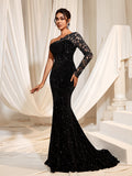 Luxe Sequin Evening Gown with Lace Sleeve & Mermaid Silhouette – Glamorous Evening Wear for Weddings or High-End Events, XS-XL