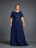Plus Womens' Chiffon Evening Gown with Floral Appliqué Detailing – Elegant Boat Neck & Cinched Waist Formal Dress for Mothers of the Bride