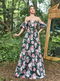Floral Jacquard Off Shoulder Puff Sleeves Prom Dress - Elonnashop