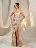 Elegant Corset Bodice Tulle Draped Side Floral Sequin Slip Party Dress