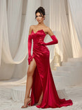 Elegant Ruched Wrap Hem Satin Tube Prom Dress(Gloves Included)