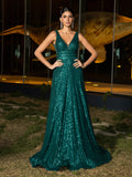 Elegantes, ärmelloses A-Linie-Partykleid mit Pailletten und V-Ausschnitt