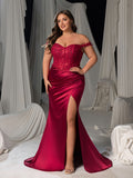 Plus Burgundy Off-Shoulder Evening Gown with Sultry Side Slit – Dress for High-End Fashion Shows or Red Carpet Moments, 1XL-5XL