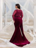 Plus Elegant Sweetheart Neck Contrast Sequin Mermaid Hem Velvet Evening Dress