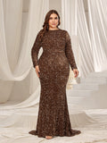Plus Elegant Maxi Sequin Evening Gown with Mock Neck, Long Sleeves, and Mermaid Fishtail Skirt
