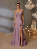 Solid V Neck Split Thigh Cami Bridesmaid Dress