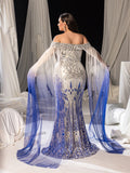 Plus Graphic Sequin Evening Gown with Translucent Sleeves and High Slit – Mermaid Silhouette for Luxury Weddings or Galas, 1XL-3XL