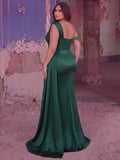 Plus Asymmetrical Neck Split Thigh Satin Mermaid Dress Evening Dress