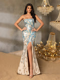 Elegant Spaghetti Strap Sleeveless Evening Gown with Crisscross Back Straps, High Thigh Slit, Patterned Wave Sequin Embellishments | Long Floor-Length Formal Dress for Special Occasions
