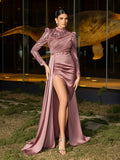 Elegant High-Neck Long-Sleeve Beaded Mermaid Gown with High Slit & Floor-Length Train