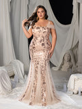 Plus Square-Neck Cold-Shoulder Mermaid Gown with Floral Sequin Embroidery & Tulle Details