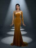 Elegant Asymmetrical Neck Contrast Sequin Mermaid Hem Velvet Evening Dress