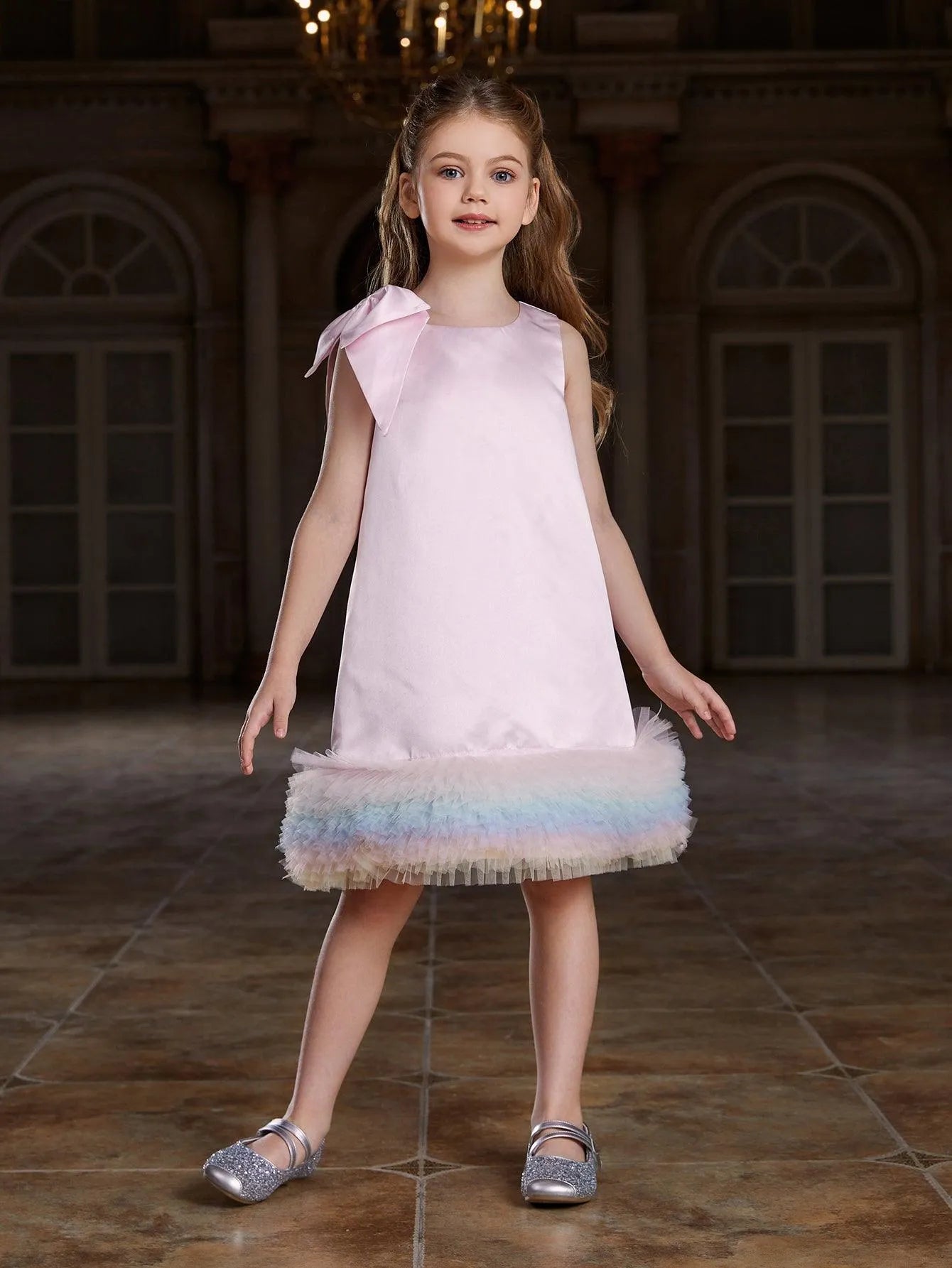 Tween Girls' Sleeveless Rainbow Ruffle Trim Knee Length Dress - Elonnashop
