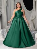 Plus One-Shoulder Satin Gown with Pleated Shoulders, Crisscross Back Straps & Floor-Length Skirt