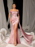 Elegant Satin Gown with Thigh-High Slit & Sequined Bodice – Luxury Evening Wear for Red Carpet, Gala Dinners & Luxury Weddings