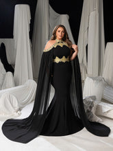 Plus Luxury Mermaid Gown with Flowing Cape & Gold Embellishments for Red Carpet or Luxury Weddings, 1XL-5XL
