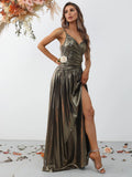 Elegant Spaghetti Strap Metallic A Line Prom Dress - Elonnashop